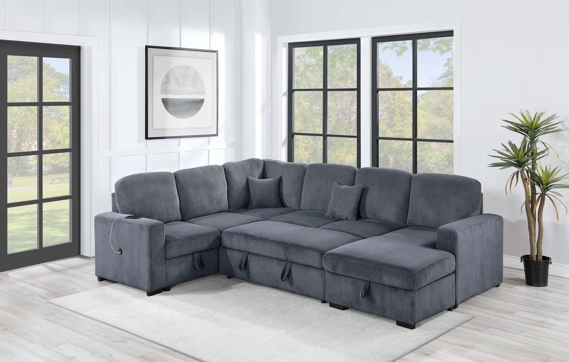 New Grey 120” Plush Large Sectional Sofa Bed, Grey Sectional Sofa Bed, Sleeper Sofa, Couch, Sectional, Pull-out Bed Sofa Couch, Dark Grey Sleeper Sofa