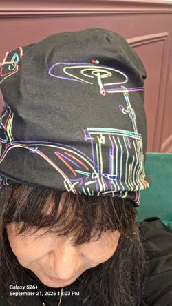Black Slouchy Beanie with Neon Drum Kit Print