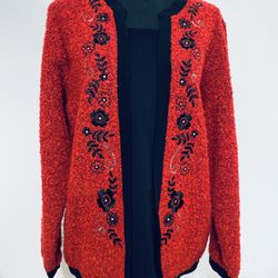 CATHY DANIELS SZ L 1-PC SWEATER RED W/BLACK & EMBELLISHED W/SILVER & PEARLS EUC