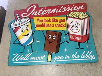 Intermission We'll Meet You in the Lobby Movie Snack Metal Tin Sign Home Garage