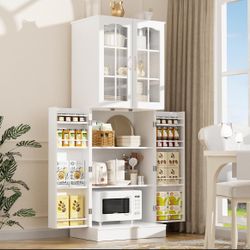 64" Kitchen Pantry Cabinet, Pantry Storage Cabinet with Adjustable Shelves, Kitchen Buffet Cupboards Storage Cabinet for Home Office Use (White, 16" D