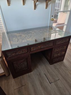 Mid-Century Asian Carved Wood Desk with Glass Top Relief Mural