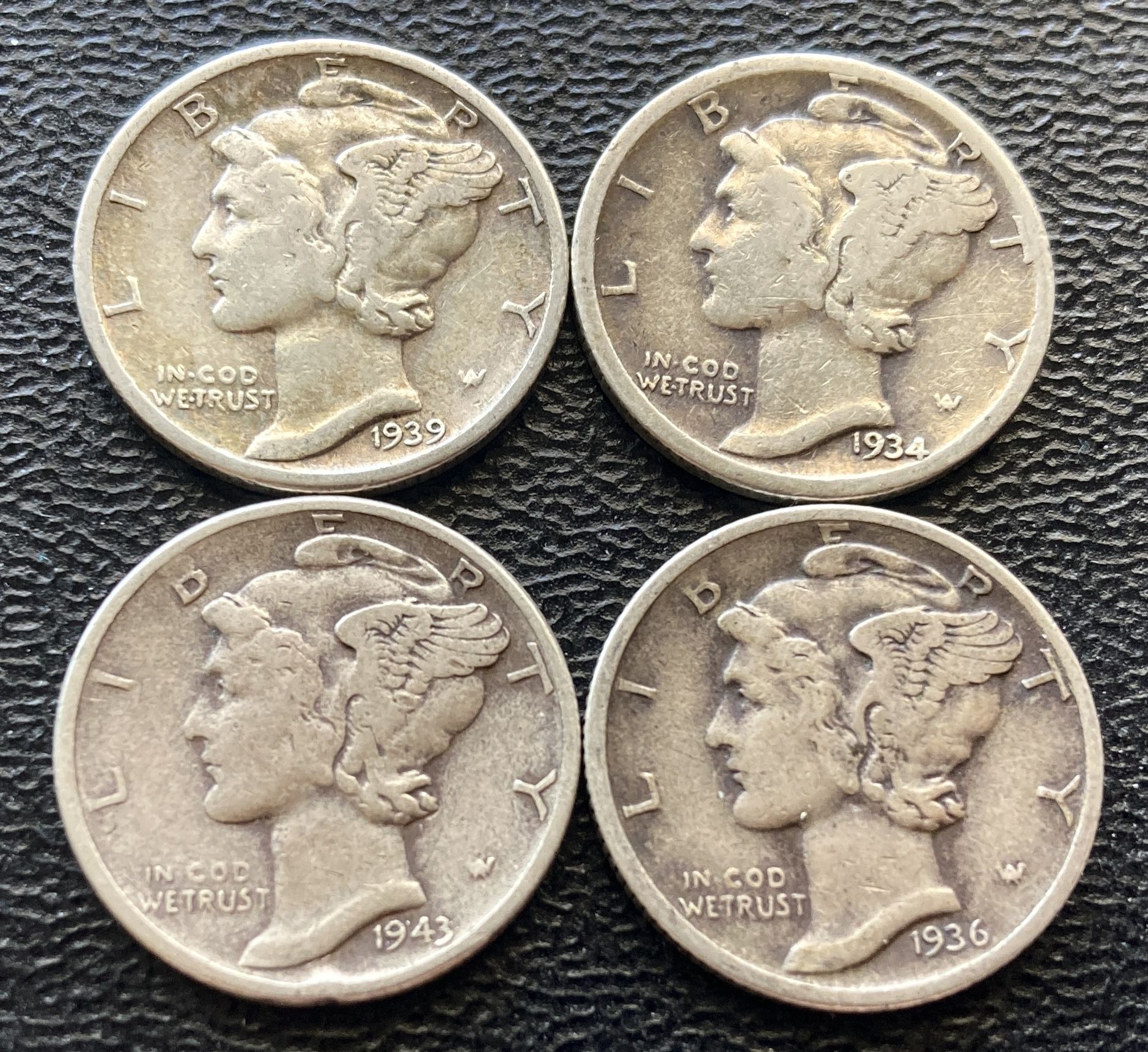 Four (4) Vintage 1940s Silver Mercury Dimes for $25