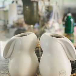 Two Bunny Rabbit Shape Ceramic Vases For Water Plants