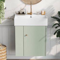 12 Inch Freestanding Bathroom Vanity with Ceramic Sink and Sintered Stone Top, Green, Storage Cabinet