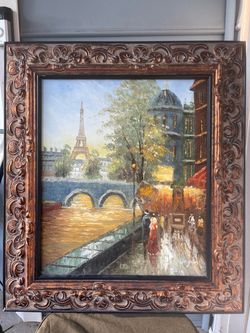 Large Oil Paris at Sunset - Eiffel Tower Romantic Walk - 24x28 Heavy Ornate Frame