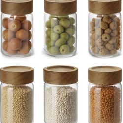 Brand new  (6) $18 6pc 8 fl oz Glass Mason Jars with Acacia Wood Airtight Lids - Food Storage Container Set, Clear Stackable Leakproof Kitchen    Pic