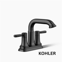 New, Kohler Ealing Matte Black,2-Handle, 4-inch Centerset WaterSense Mid-Arc Bathroom Sink Faucet with Drain, K-R33043-4D-BL