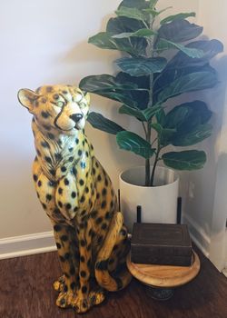1970s Vintage Large Italian Ceramic Cheetah Statue - 30" Hollywood Regency Floor Sculpture