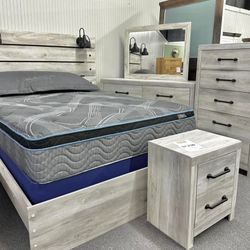 LH 👉$39 Down Payment  For Financing 👉Cambeck Whitewash Queen King Bedroom Set Nightstand Chest Dresser With Mirror 