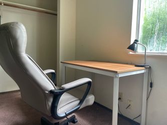 Desk, Lamp, and Chair