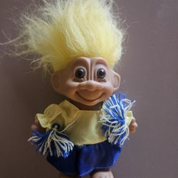 Vintage Cheerleader Troll Doll With Yellow And Blue Pom Poms