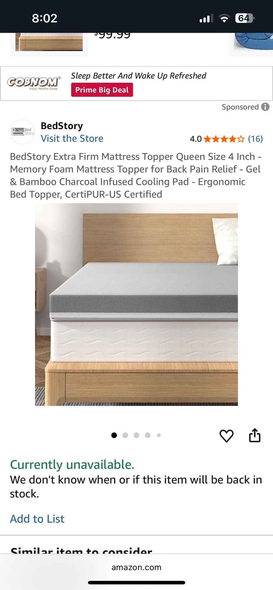 Bedstory 4” Queen Size Extra Firm Memory Foam Mattress Topper