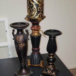 X4 HIGH QUALITY GOLD BLACK RED ORNATE DAMASK FLORAL FOOTED CANDLE PILLER DISPLAY HOLDER TABLE DECOR SET