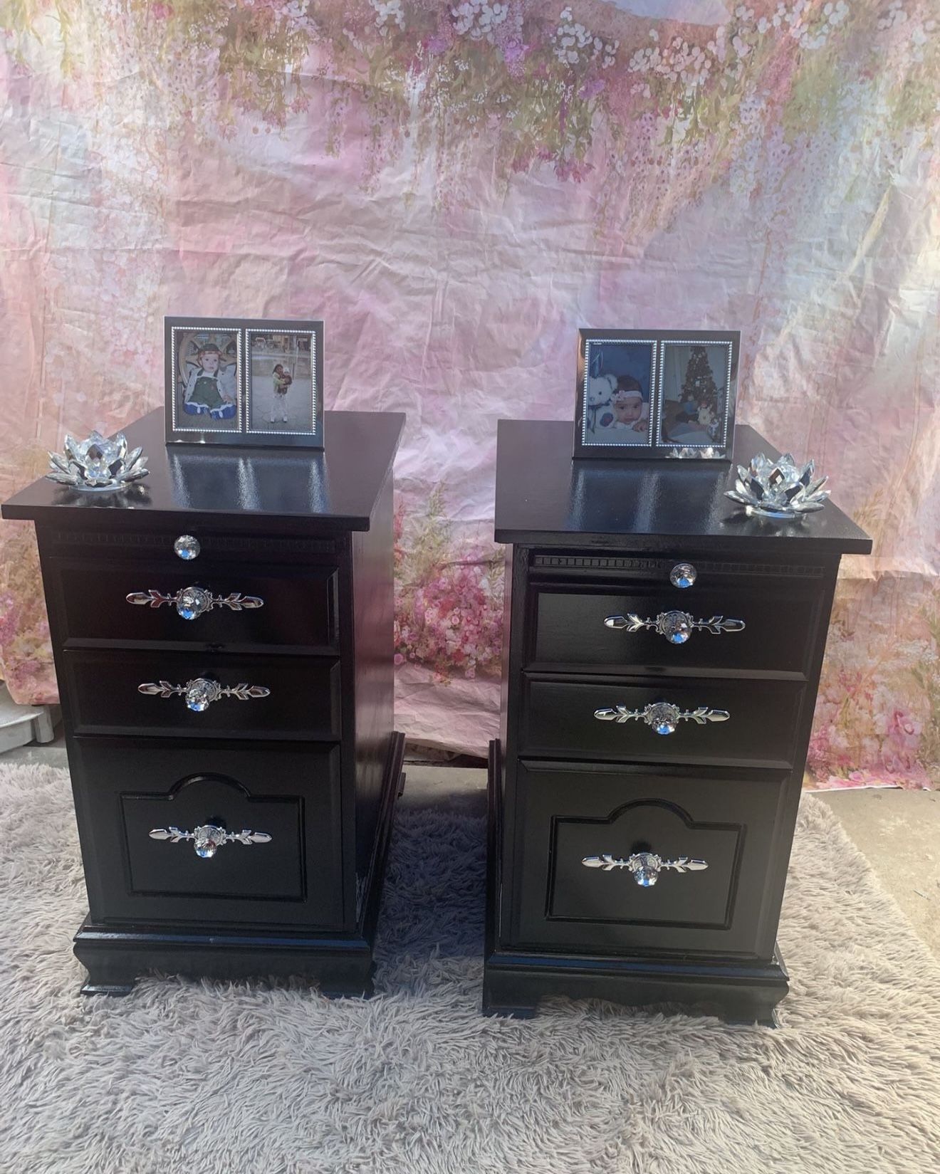 Oversized Wooden Nightstands Colors Black And Silver With Mirrored Decals Set Has Been Refurbished!!🌺
