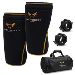 Unchecked NEW Lifting Gym Knee Set + Barbell Clamps + Gym Duffle Bag Black X-Large 

Complete weight lifting set.

· Pair of knee sleeves
· 2" Olympic