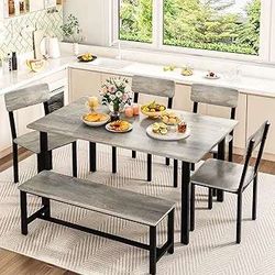 6-Piece Dining Set, Modern Dining Table Set for 4-6,Kitchen Table Set with Chairs and Bench,Dining Room Table Set with Metal Frame & MDF Board, Table 