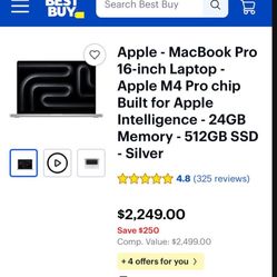 Apple - MacBook Pro 16-inch Laptop - Apple M4 Pro chip Built for Apple Intelligence - 24GB Memory - 512GB SSD - Silver 4.8