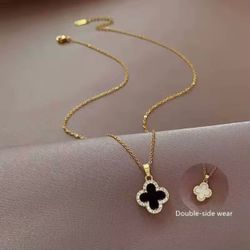 Gold Clover Reversible Necklace with Zircon Stones