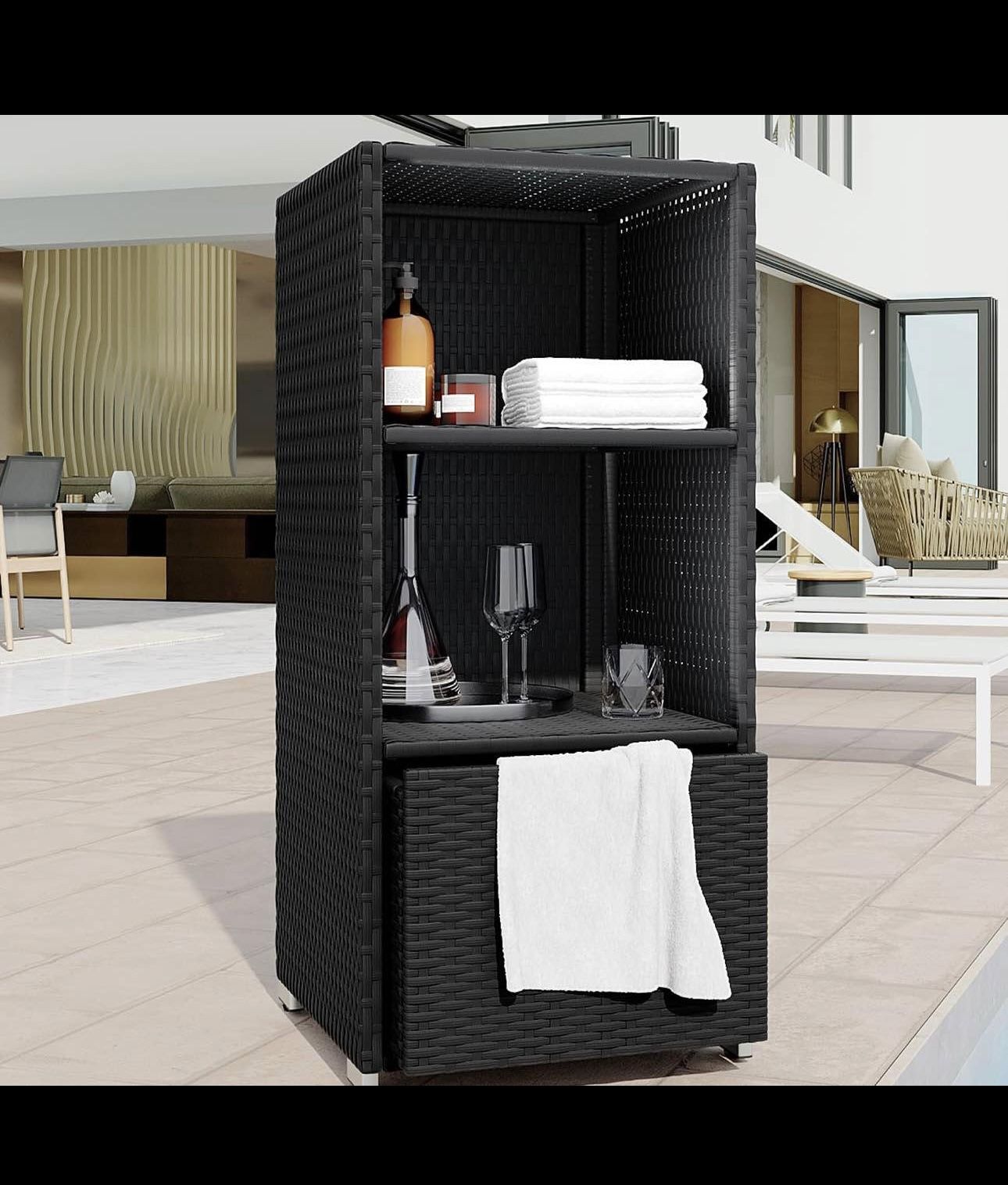 New👌 Outdoor Towel Cabinet, Pool Accessory Storage Organizer, Freestanding Waterproof PE Rattan Wic