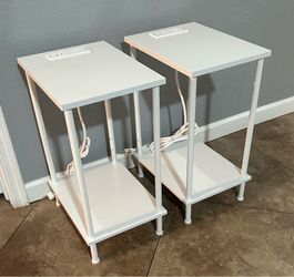 (NEW) White 2-Tier Side Tables with Built-In Outlets – Set of 2