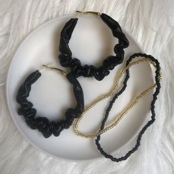 Fabulous faux leather hoop earrings & 2 boho gold/black bead bracelets