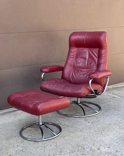 Ekornes Stressless Leather Recliner & Ottoman – Burgundy, Chrome Base