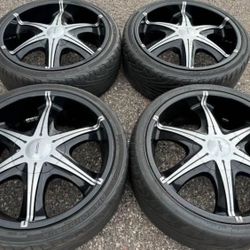 20” 5-LUG CHRYSLER CHEVY DODGE 5X115 5X120 BLACK MACHINED RIMS WHEELS TIRES SET FORD 