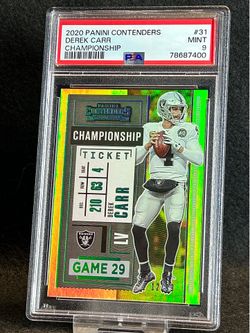2020 Contenders 🔥 Derek Carr 🔥 Championship 12/99 PSA 9 Mint 💎 - Raiders / New Orleans Saints