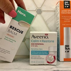 New skincare: Hero Rescue Balm Red Correct (15 ml), Aveeno Calm + Restore Age Renewal Eye Gel (0.5 oz), or No B.S. Acne Spot Treatment