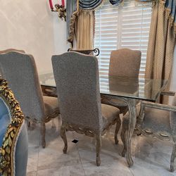 Big Dining Table With Thick Beveled Glass And 6 Chairs