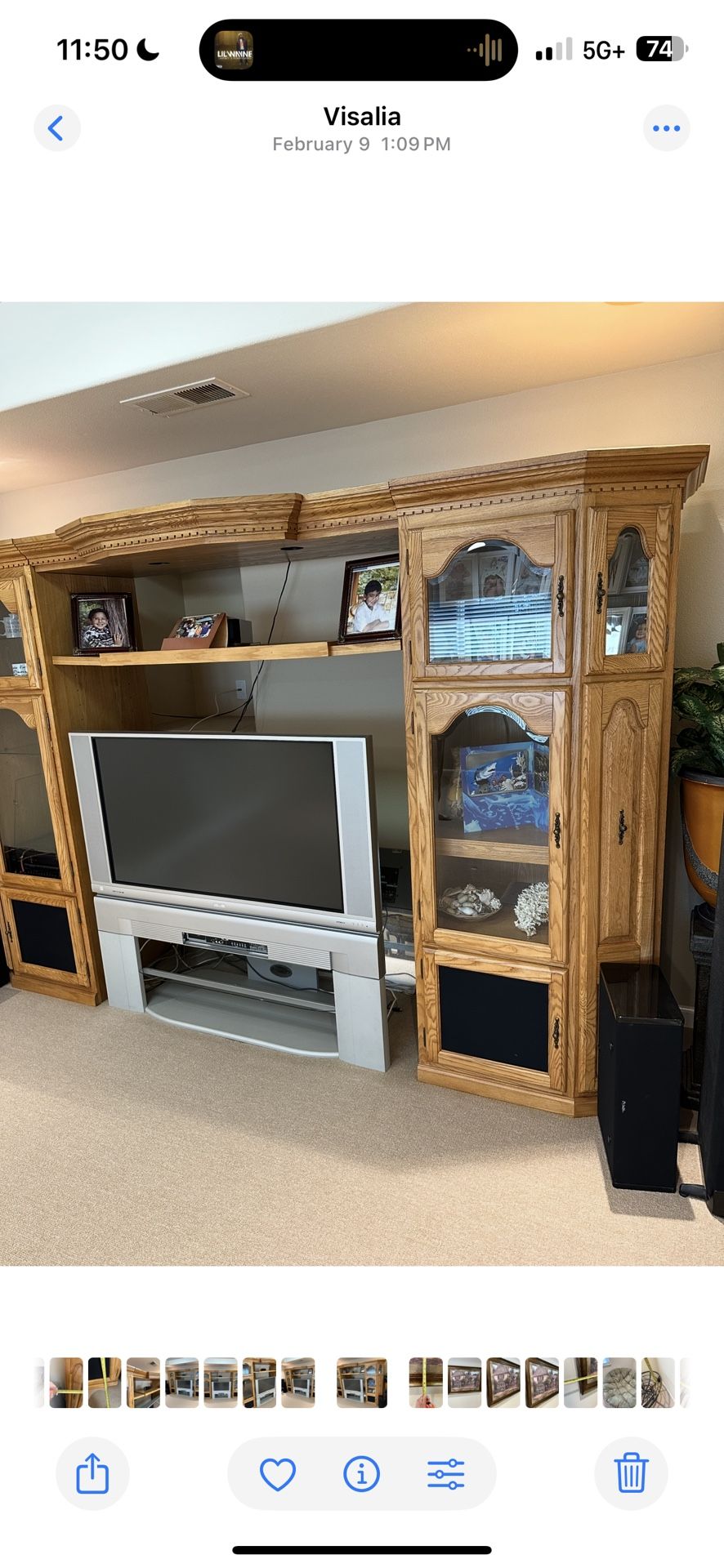 Solid Oak Entertainment Center w/ Glass Cabinets & Storage