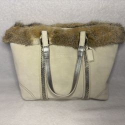 COACH SUEDE FOX FUR BEADED TOTE BAG PURSE