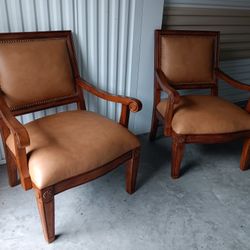 2 SOLID WOOD LEATHER CHAIRS, STURDY 