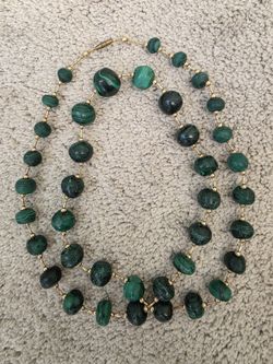 Vintage Natural Malachite Bead Necklace 28" Graduated Green Stone Gold Tone