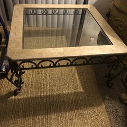 Vintage Horchow Stone  With  Glass Top Wrought Iron Square Coffee Table