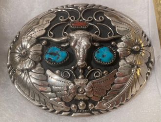 Vintage Metal Belt Buckle, Longhorn, Bull, Steer, Silver and Blue and Red Turquoise Stones, Handcrafted, Nice Western Design, 3 1/4" x 2 1/2", Quality