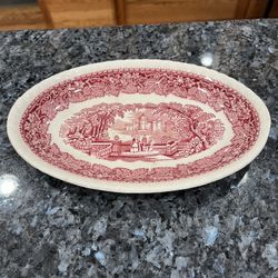Vintage Mason's Vista Pink Oval Vegetable Bowl.  Size approximately 8 inches wide and 1 inch tall.  Preowned.  Has been on display in a curio cabinet.