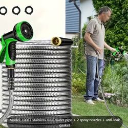 100FT Metal Garden Hose, with 10 Function Nozzles, Universal Brass Additions, Suitable for Courtyard, Outdoor, RV, Home Use, 304 Stainless Steel Anti-