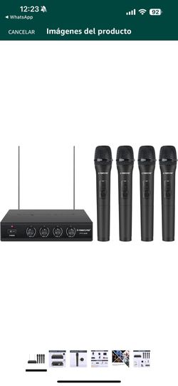  Sistema de micrófono inalámbrico, micrófonos inalámbricos VHF de 4 canales, con 4 micrófonos dinámicos de mano, receptor de metal, largo alcance
