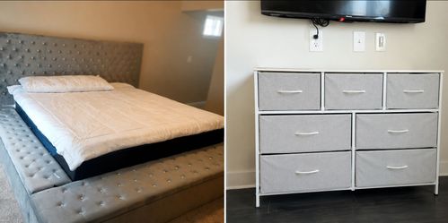King Bed (large headboard, mattress, 3 storage benches) & Dresser total $600