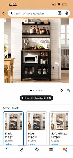 Farmhouse Coffee Bar Cabinet with Storage, Bakers Rack with Power Outlets, Microwave Stand Kitchen Cabinet with Hutch and 6 Hooks, Black