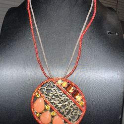 Costume Jewelry -  Orange/Gold Beaded Necklace - Medium Length