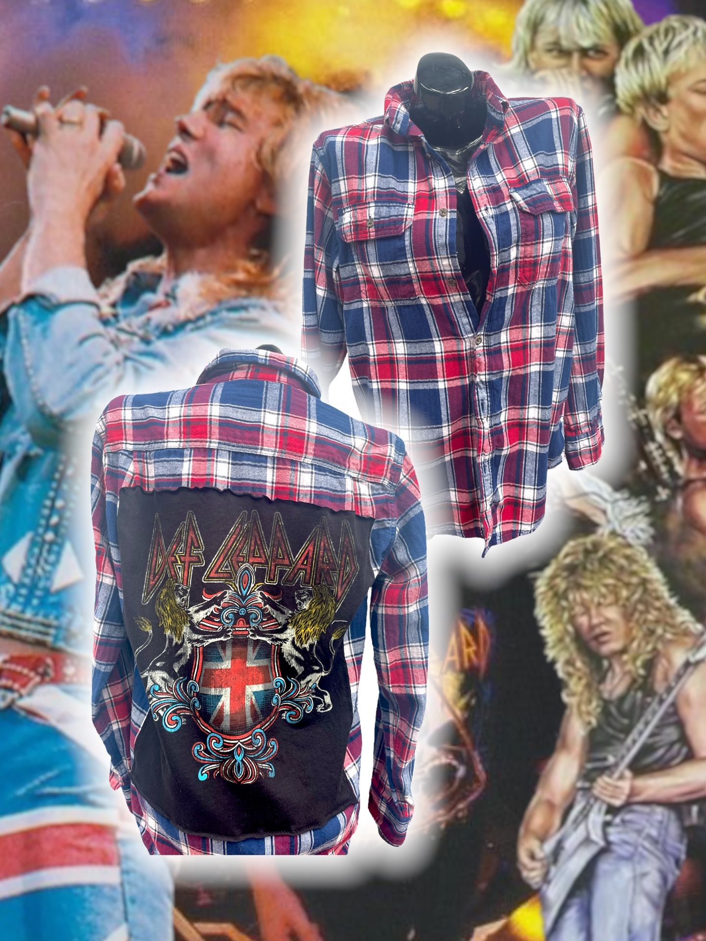 Def Leppard “Rock of Ages” Plaid Button Up Shirt SMALL • Upcycled / Repurposed Gift for him • Rock & Roll • Band Tee