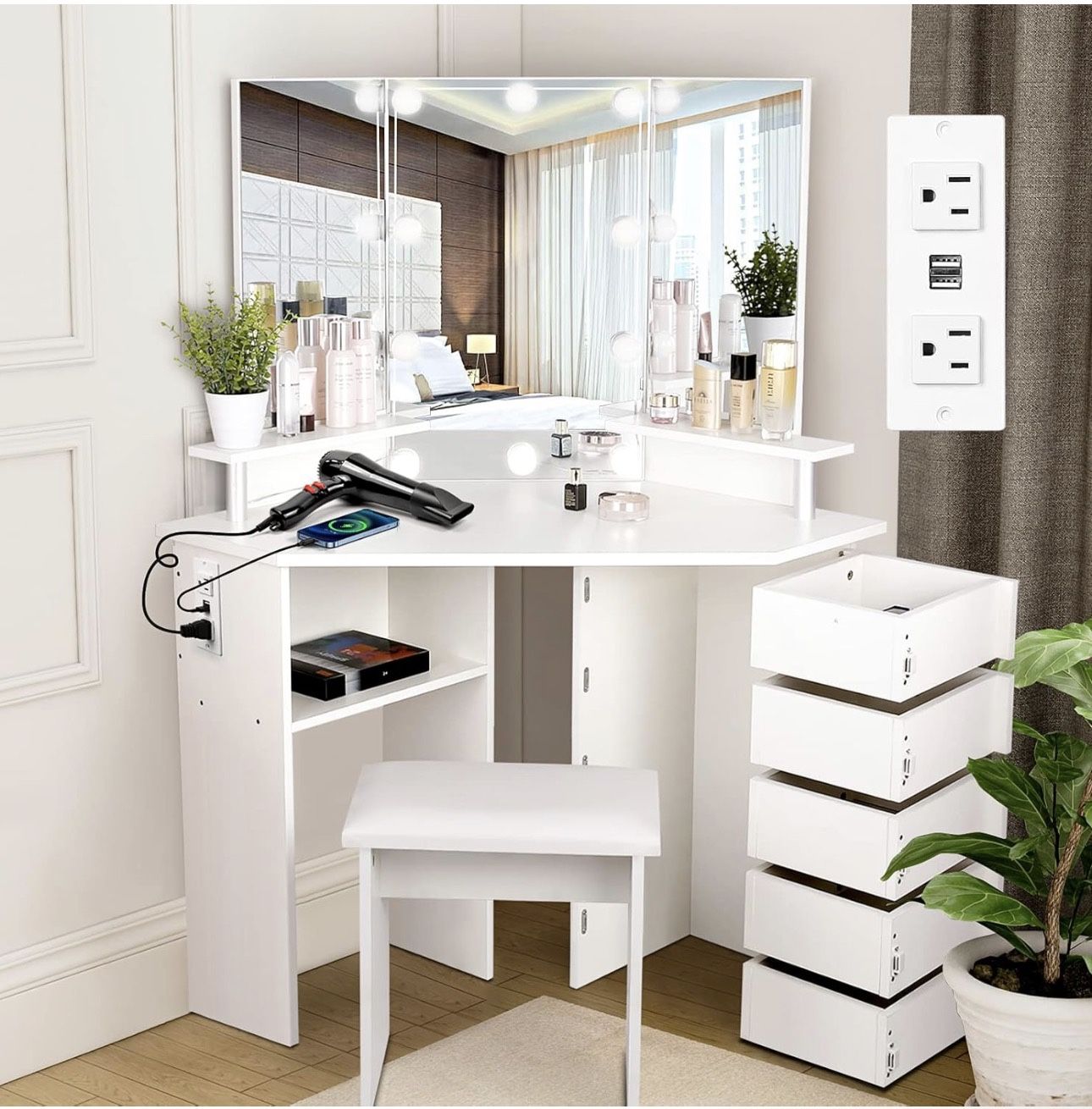 VOWNER Vanity with Lights - Makeup Vanity Desk with Power Outlet, 3 Color Lighting Options Brightness Adjustable, 5 Rotating Drawers, Shelves and Stoo