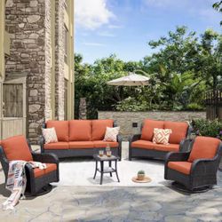 Monet Brown 5-Piece Wicker Patio Conversation Seating Sofa Set with Orange Red Cushions and Swivel Rocking Chairs, New In Box