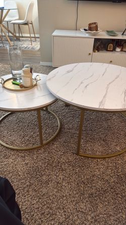 Modern Nesting Coffee Table Set, White Marble & Gold