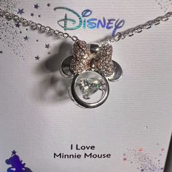 Disney I Love Minnie Mouse Silver Necklace with Sparkly Heart Shaped Diamond Charm