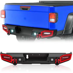 Full Width Rear Step Bumper Compatible with 2020 2021 2022 2023 2024 Jeep Gladiator JT 2/4 doors Off-road Pickup Bumper with 4 x 18W LED Lights, Senso