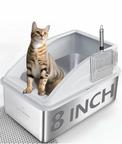 AIPERRO Stainless Steel Cat Litter Box XL High Sided Open Top Pan with Scoop & Mat – Open Box